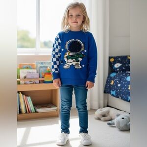 Ty Kids Blue Sweater with Astronaut and Checkered Sleeve